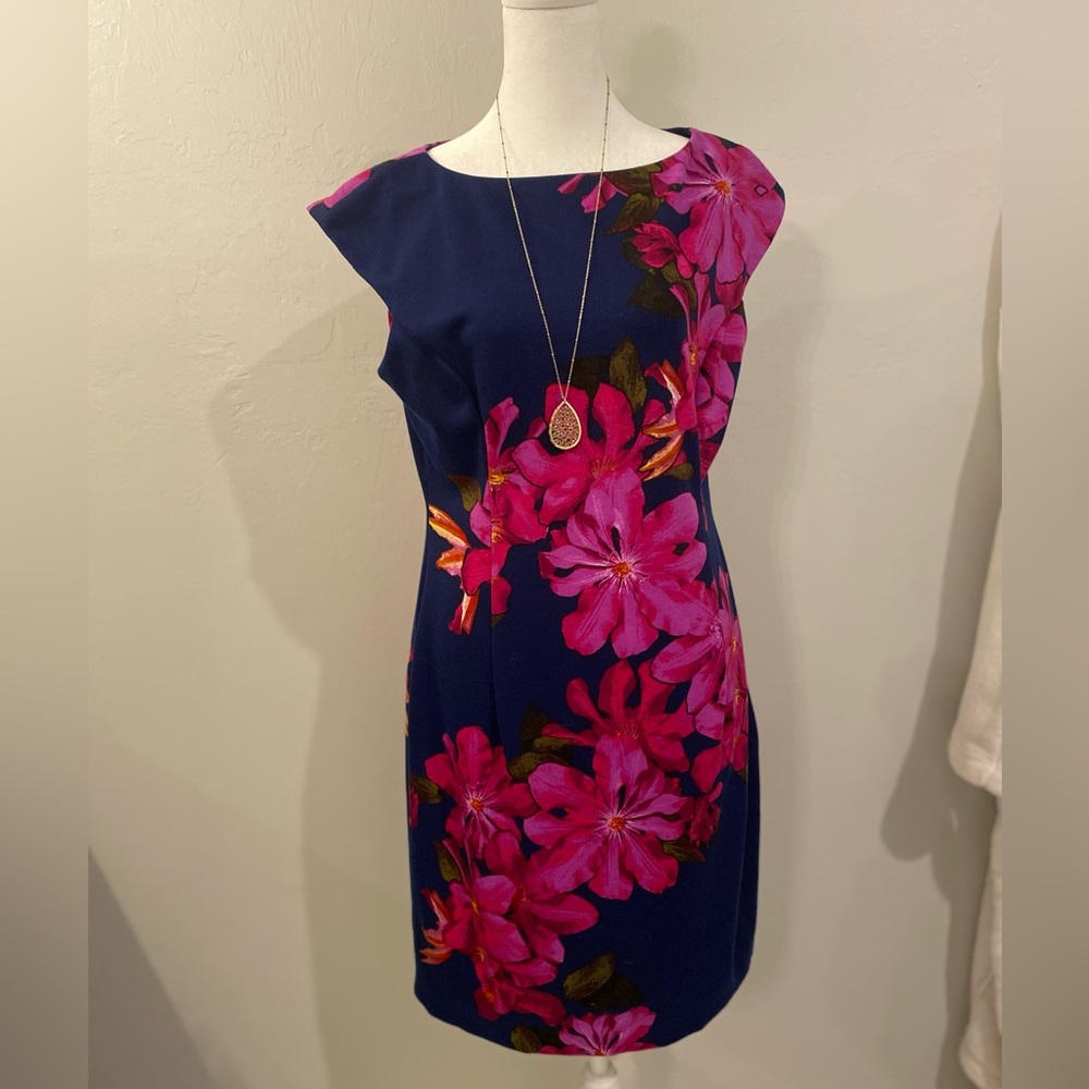 Navy and floral Wisp Tressa Ponte dress. Size L.